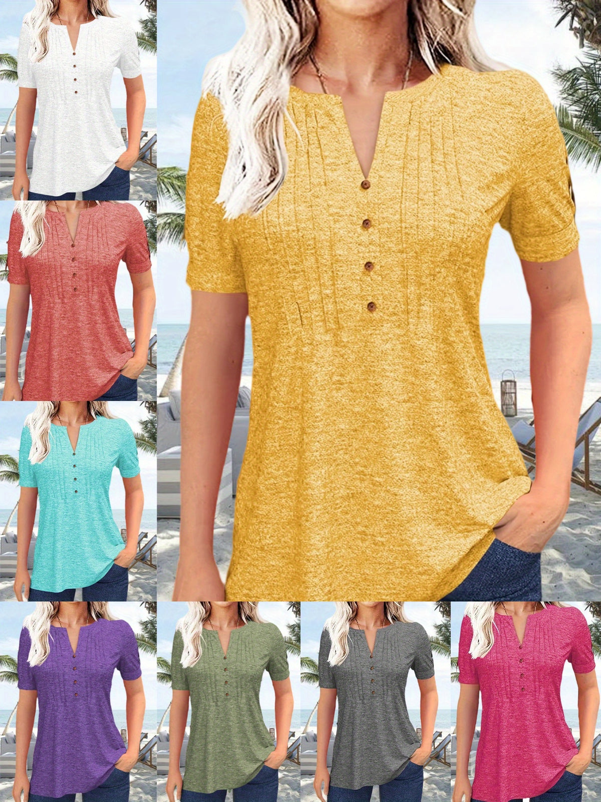 V-Neck Pleated Blouse Women Short Sleeve Button-Up Solid Color Summer Casual Flowy Top S-XL