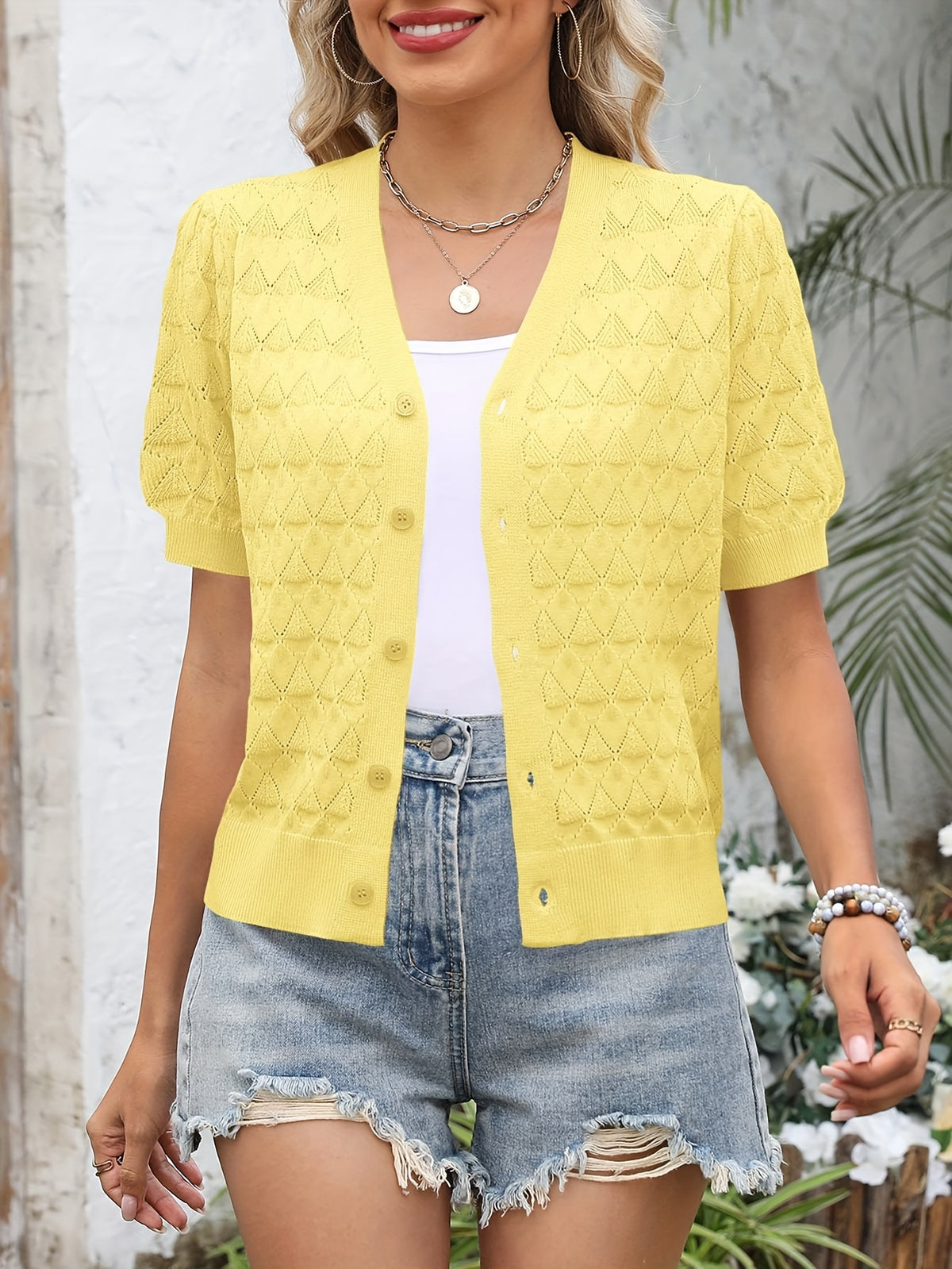 Women's Cropped Crochet Cardigan Puff Sleeve Linen Blend Sheer Lace Knit Short Top Breathable Lightweight Spring Summer Boho Fashion