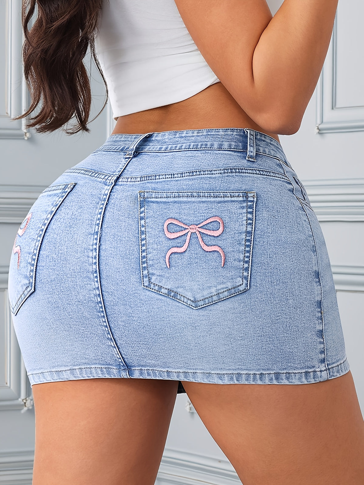Embroidered Mini Skirt Women Elastic Waist Back Pockets Short Skirt Casual Chic Daily Wear Versatile Spring Summer