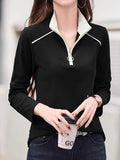 Zipper Collar Blouse Women Elegant Metal Zipper Accent Solid Color Stretchy Casual Formal Spring Summer Top S M L XL XXL