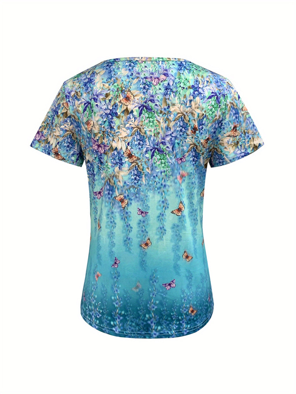 Butterfly Print Retro Graphic Tee Women Short Sleeve Casual Spring Summer T-Shirt Unique Random Print Soft Stretch Knit Blue S-M