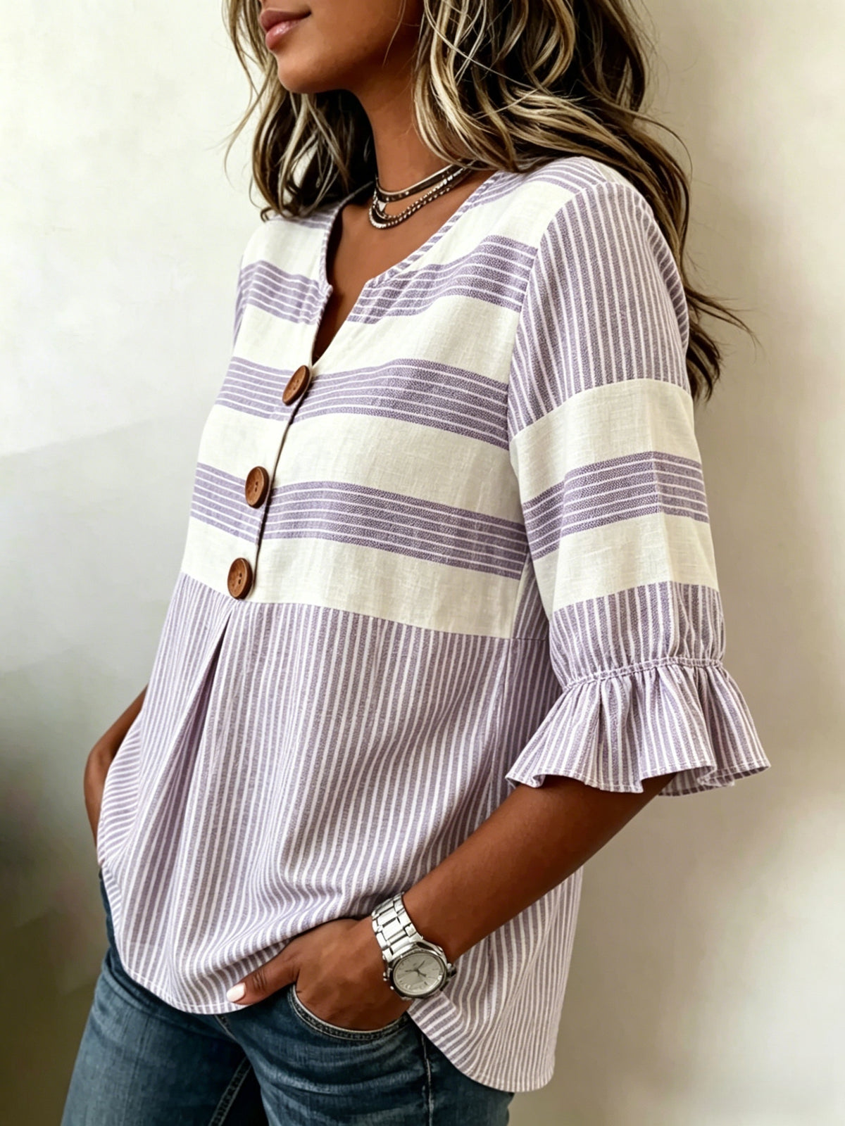 Striped V-Neck Blouse Women Ruffle 3/4 Sleeve Loose Fit Tunic Top Lightweight Linen Button Detail Summer Shirt S-2XL