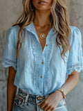 Lace Spliced Blouse Women Summer Casual Feminine Top | Elegant Lace Panel Shirt Comfortable Lightweight Machine Washable Everyday Wear S-XXL