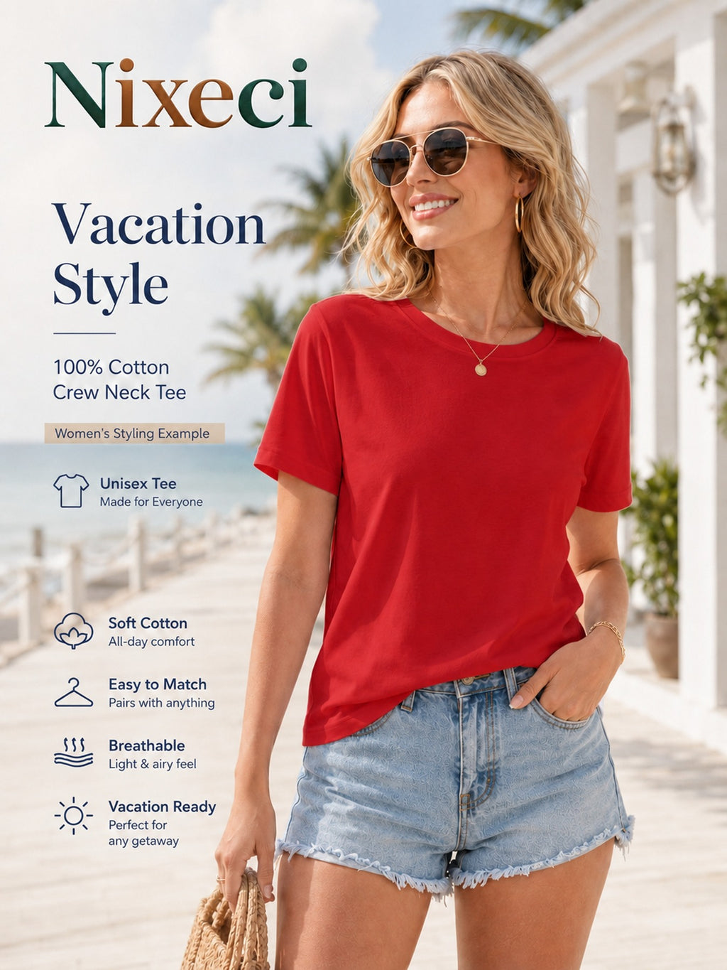 Tropical Palm Print T-Shirt for Women – Retro Hawaiian Coconut Tree Short Sleeve Crewneck Loose Beach Vacation Top, Casual Surfing Poolside Shirt
