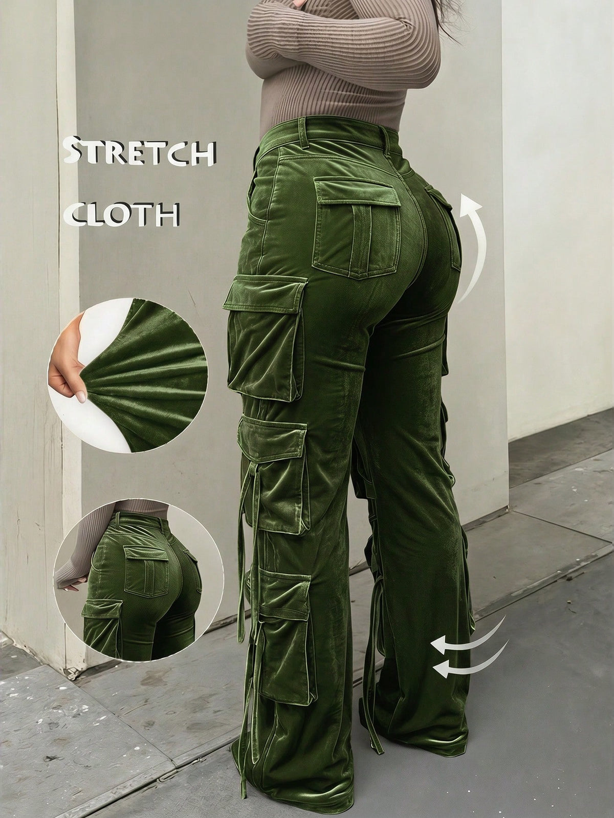 Velvet Cargo Flare Pants Women High Waist Y2K Streetwear Trousers Sexy Night Out Party Outfits Multi Color XS-L