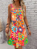 Vibrant Floral Print Sleeveless Dress Women Crew Neck Boho Casual Summer Vacation Dress | Knit Polyester Spring Summer