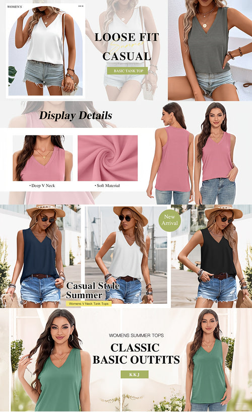 3-Pack V-Neck Tank Tops for Women | Loose Sleeveless Casual Blouse Set | Vacation Outfit Tops | Lightweight Spring Summer Shirts Women Fashion