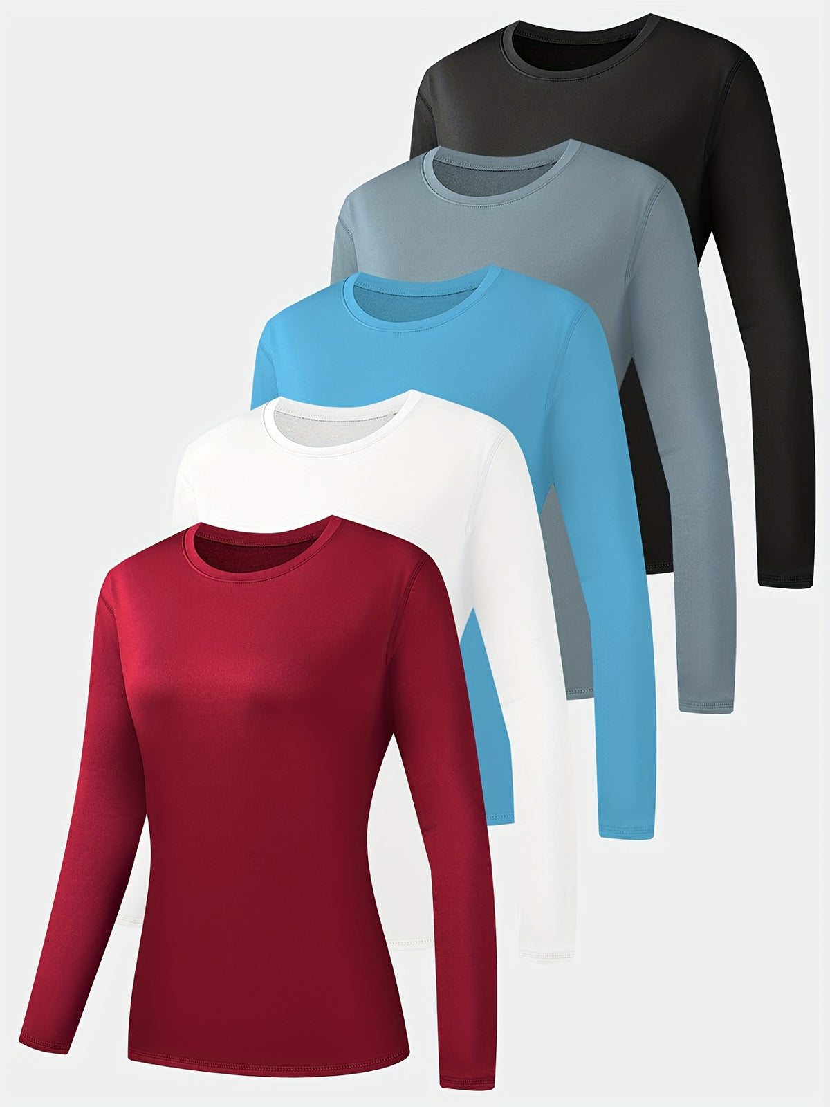 Women's Long Sleeve Active Sports T-Shirt 5-Pack – Moisture-Wicking Yoga Gym Workout Tee Set, Multiple Colors, Casual Everyday Wear