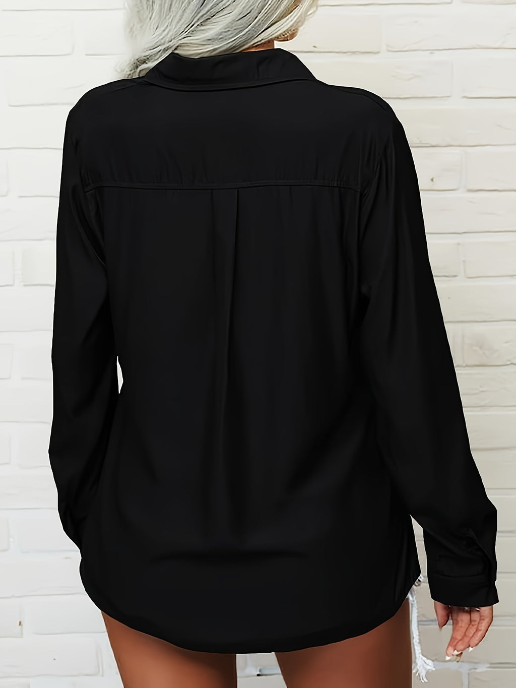 Women's V-Neck Button Down Blouse Slim Fit Lapel Collar Long Sleeve Work Shirt with Chest Pocket Roll-Up Cuffs