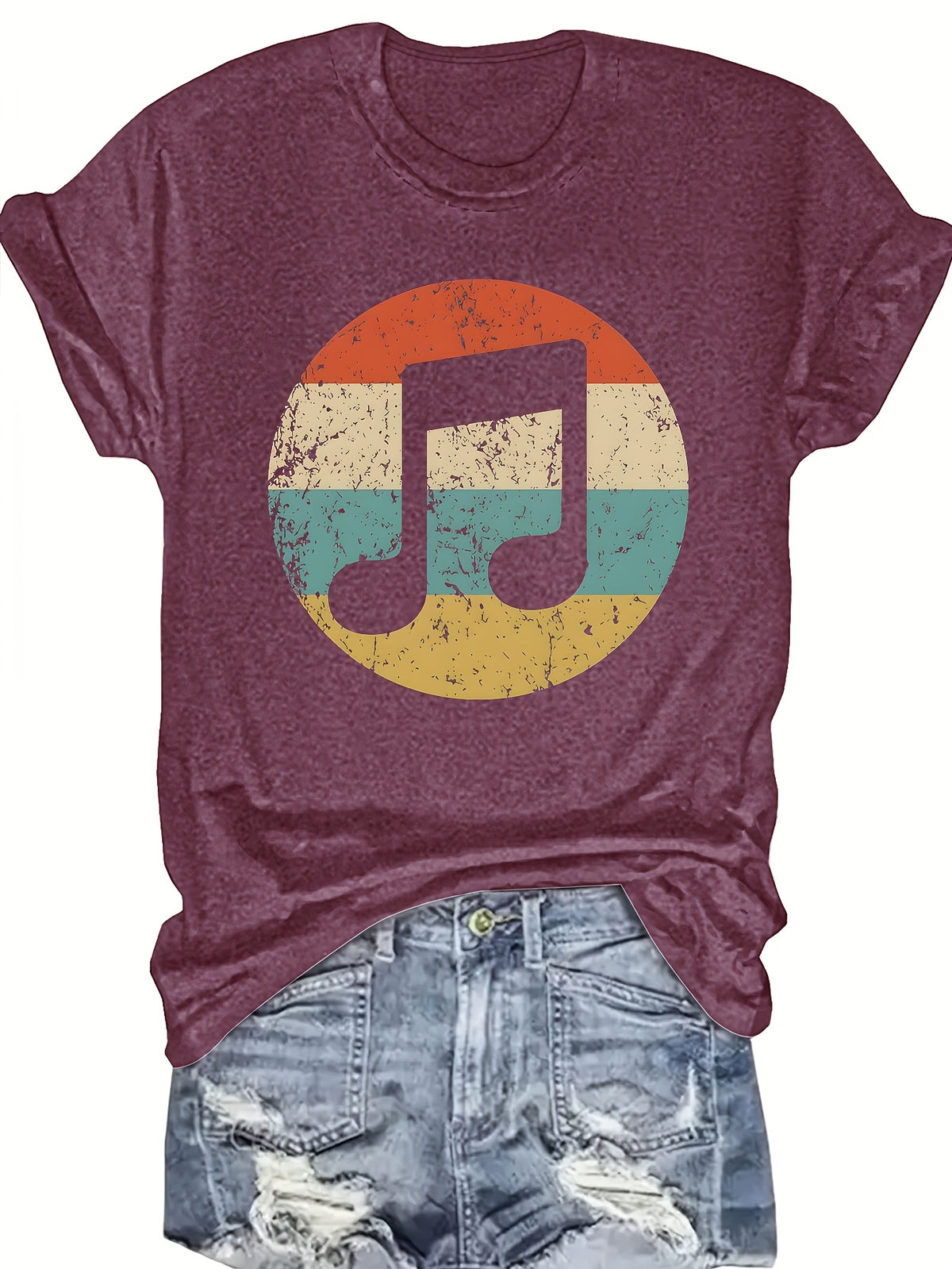 Music Note Graphic Print T-Shirt Women Round Neck Short Sleeve Casual Festival Concert Tee Non-Transparent Machine Wash S-XXL