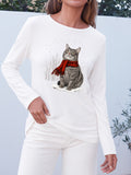 Christmas Cat Print Women Long Sleeve T-Shirt Crew Neck Casual Holiday Graphic Tee Soft Breathable Multi-Color Top Spring Fall