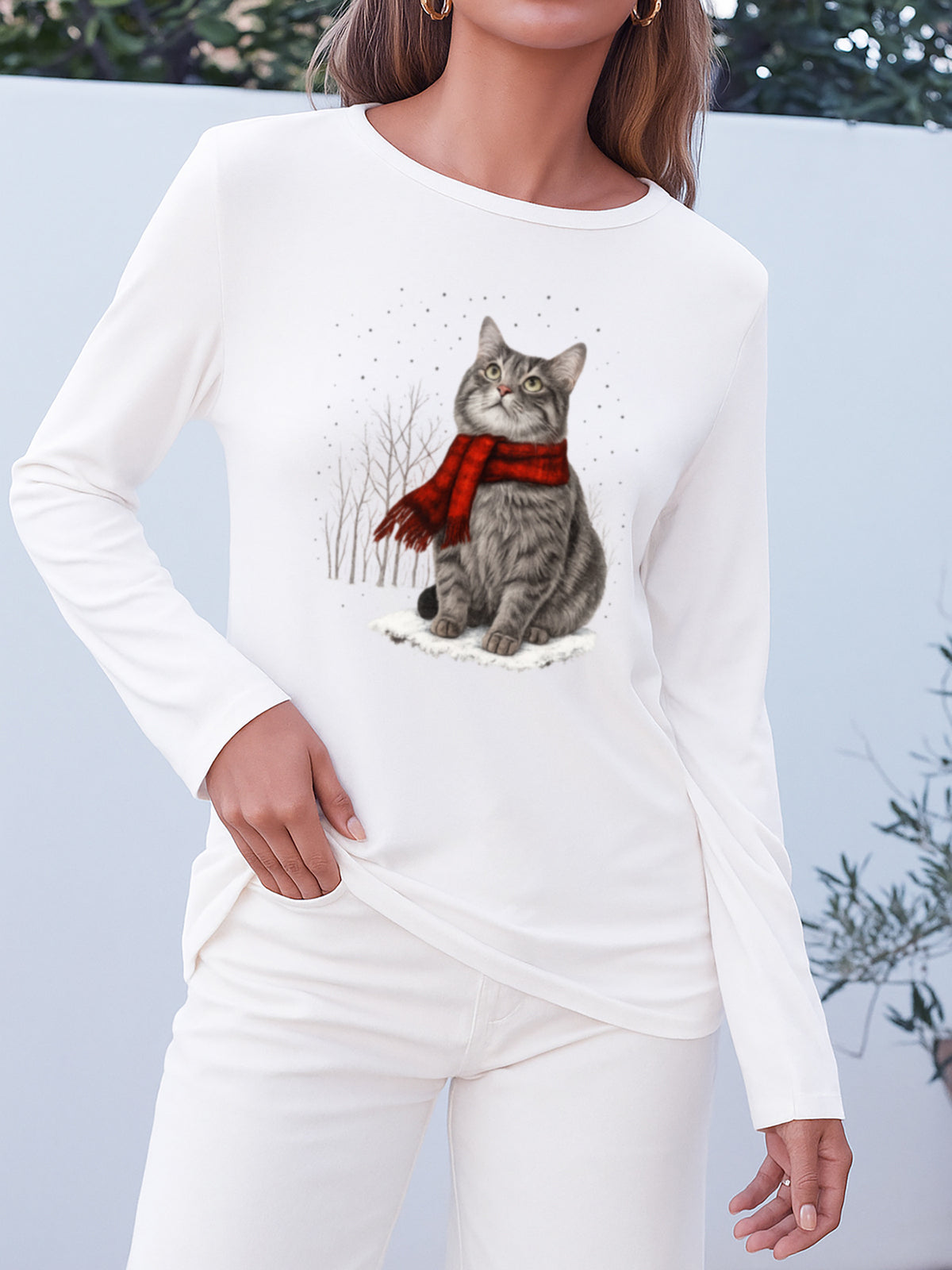 Christmas Cat Print Women Long Sleeve T-Shirt Crew Neck Casual Holiday Graphic Tee Soft Breathable Multi-Color Top Spring Fall
