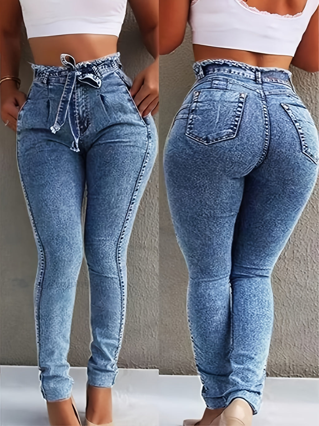 Skinny Jeans Women Mid Rise Butt Lifting Stretch Blue Denim Lace-Up Detail Casual Slim Fit Jeans All Season S-XXL