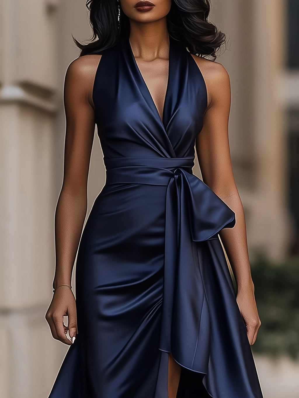 Satin Formal Dress Women V-Neck Sleeveless Ruched Waist Flared Hem Elegant Evening Gown Dark Blue Dinner Party Cocktail Dress 100% Polyester Smooth Fit