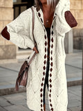 Women Diamond Pattern Hooded Cardigan Sweater Long Sleeve Midi Open Front Fall Winter Casual Beige S-XXL