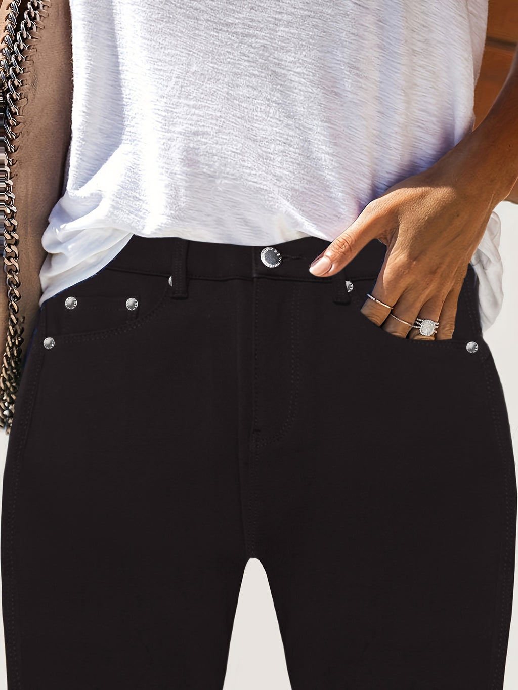 High Waist Skinny Jeans Women Metal Button Detail - Stretch Street Style Casual Denim Pants in Black, Blue, Burgundy & More Colors S-XXL
