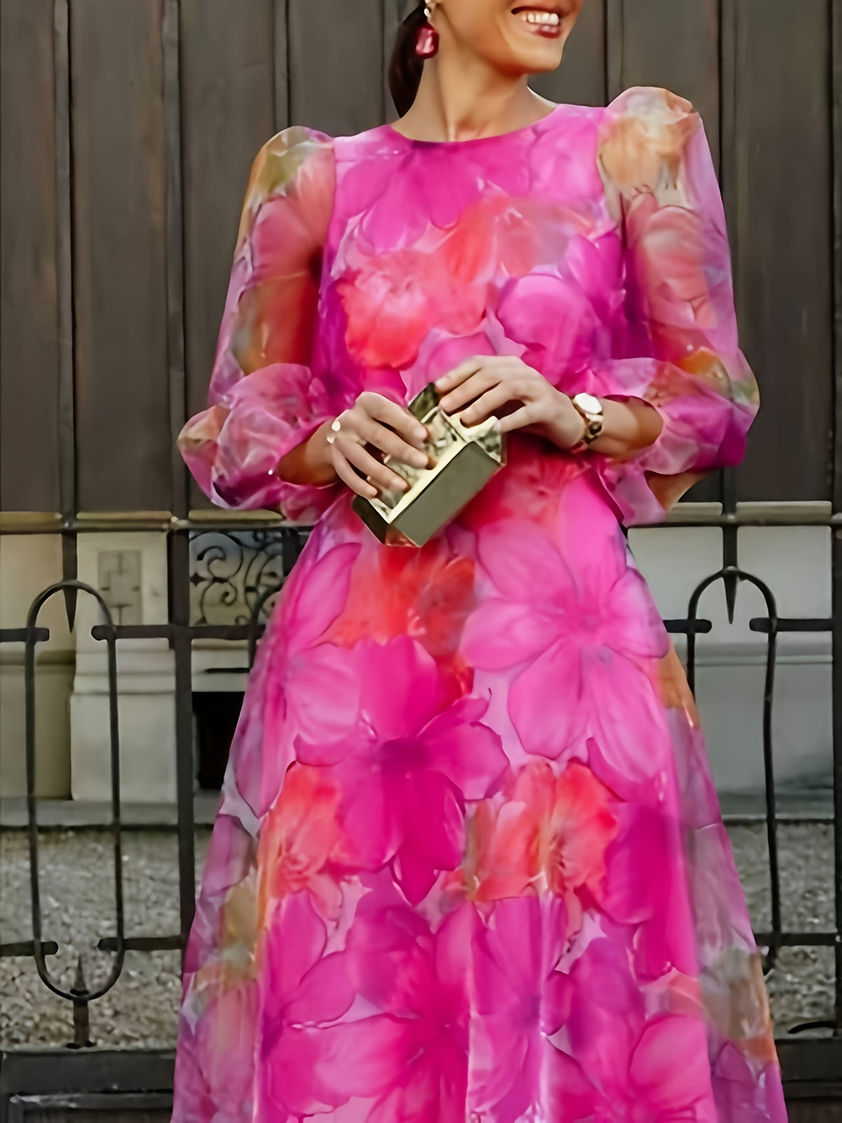 Floral Print Chiffon Maxi Dress Women Ombre Gradient Long Sleeve Back Zipper Flowy Wedding Guest Party Dress