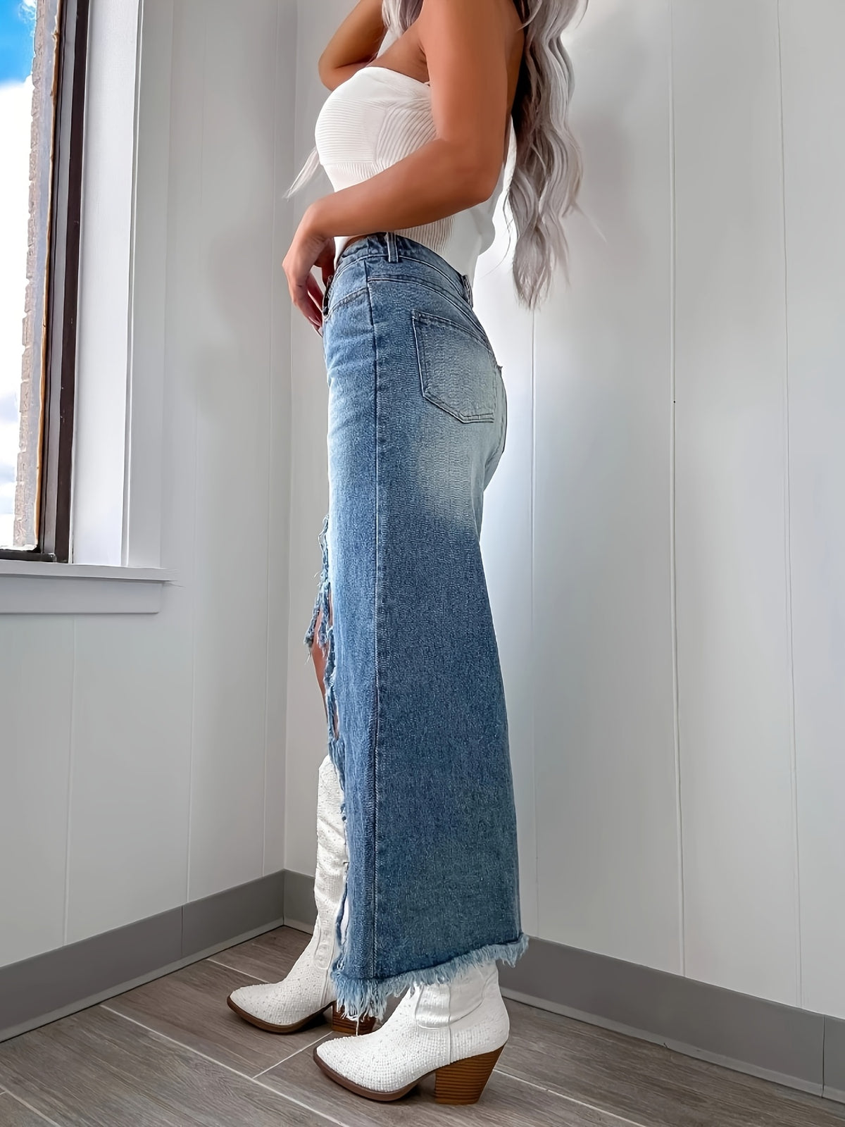 Women High Waist Irregular Raw Edge Denim Skirt Old Washed Vintage Street Style Casual Blue Frayed Hem