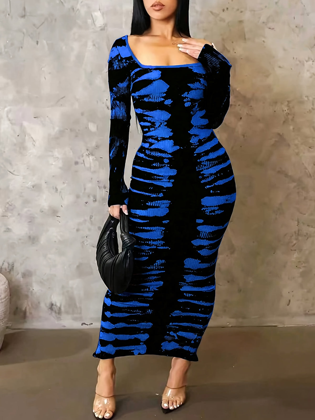 Tie-Dye Bodycon Maxi Dress Women Long Sleeve Ankle Length Contrasting Print Figure-Hugging Sexy Elegant Long Dress