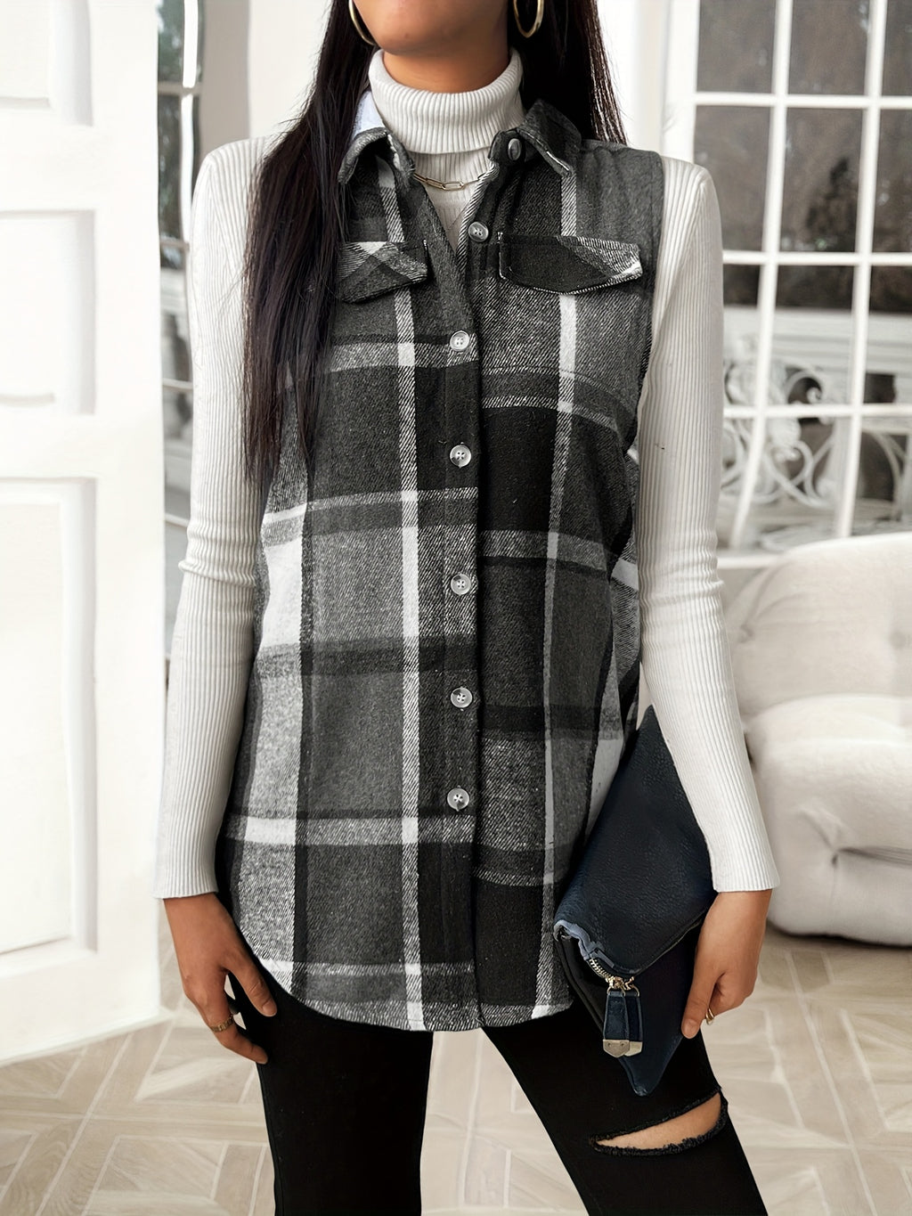Plaid Lapel Vest Jacket Women Casual Suede Sleeveless Outerwear Fall Winter Layering