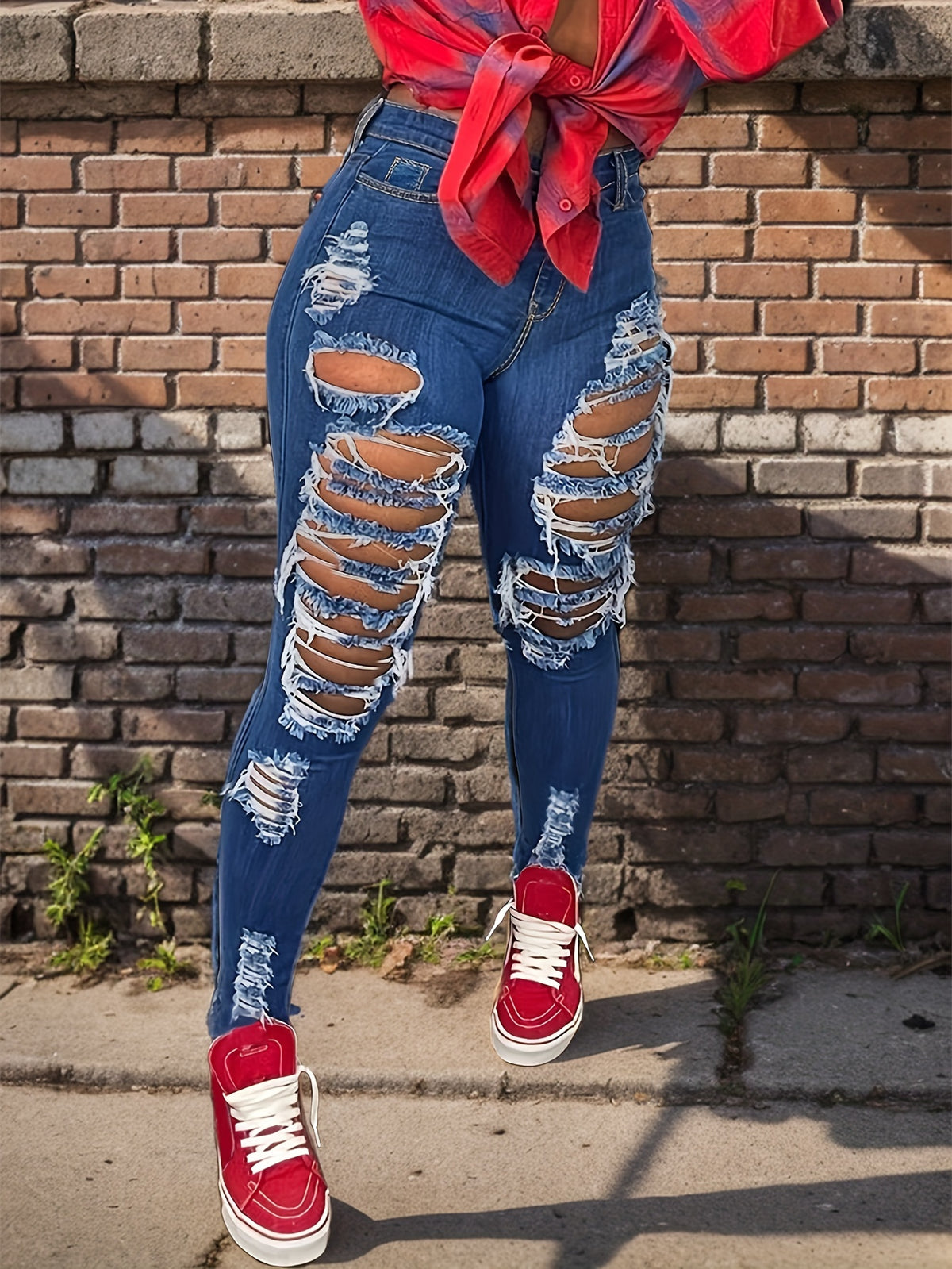 Distressed High Waist Jeans for Women Ripped Torn Frayed Elastic Denim Pants Skinny Fit Casual Streetwear Medium Dark Light Blue Grey White S-XXL