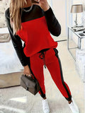 Color Block 2 Piece Set Women Round Neck Long Sleeve Top and Pants Casual Matching Outfit - Soft Stretch Fall Winter Co-ord