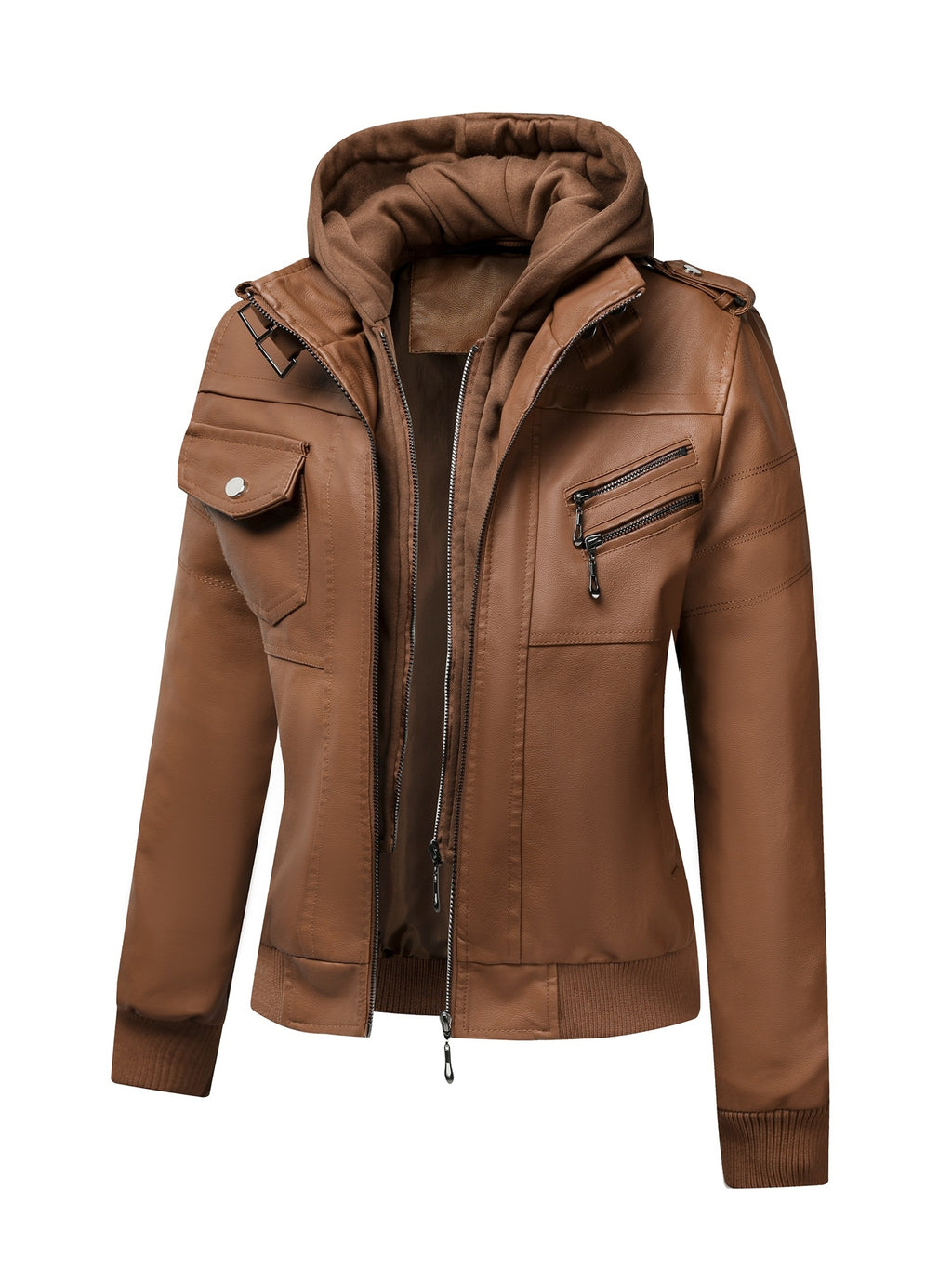 Women's Vintage PU Leather Jacket Windproof Detachable Hood Casual Outdoor Moto Biker Coat S-XXL