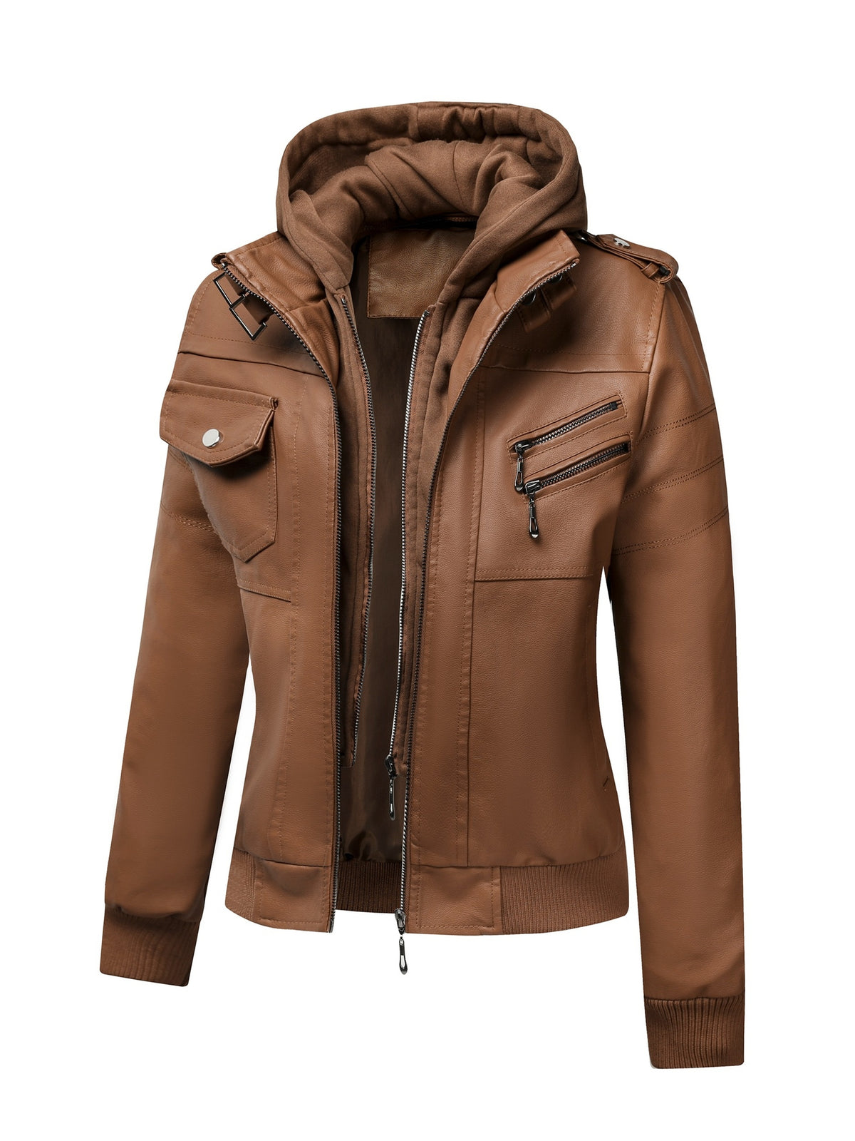 Women's Vintage PU Leather Jacket Windproof Detachable Hood Casual Outdoor Moto Biker Coat S-XXL