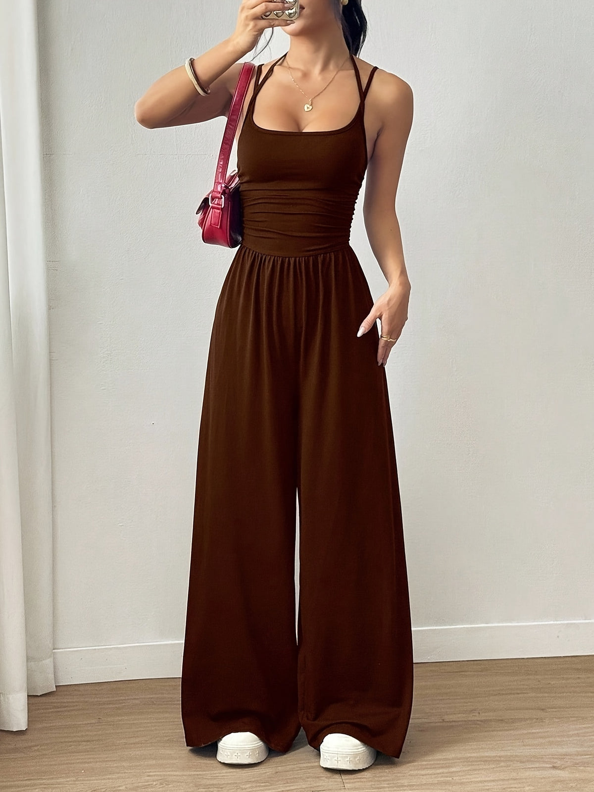 Pleated Loose Fit Jumpsuit Women Casual Wide Leg One Piece Outfit Spring Summer Light Grey Navy S-XL