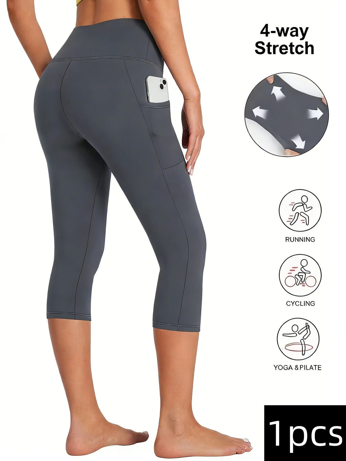 High Waist Capri Leggings with Pockets Women 4-Way Stretch Gray Workout Pants M-XXL Spring Summer Fall