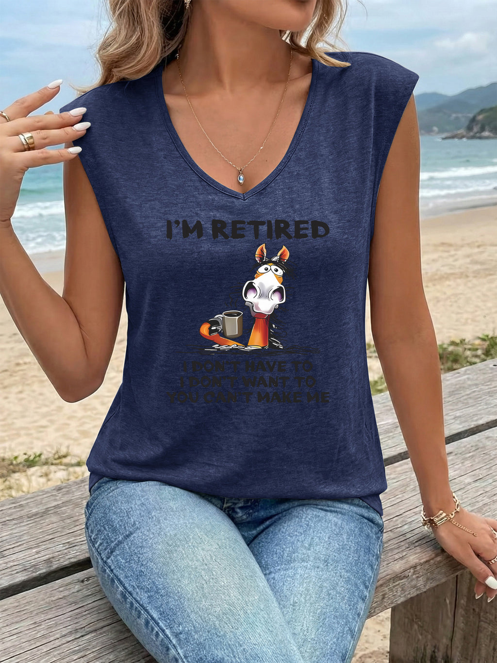 Women's V-Neck Sleeveless Tank Top Funny Retired Cartoon Graphic Tee Breathable Stretch Knit Summer Beach Casual T-Shirt