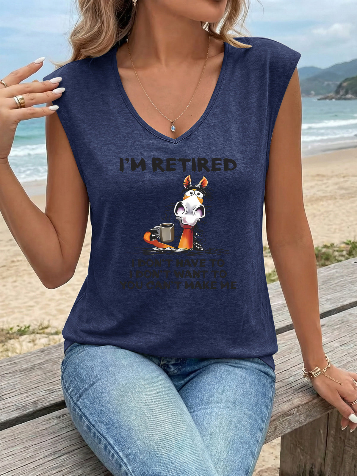 Women's V-Neck Sleeveless Tank Top Funny Retired Cartoon Graphic Tee Breathable Stretch Knit Summer Beach Casual T-Shirt