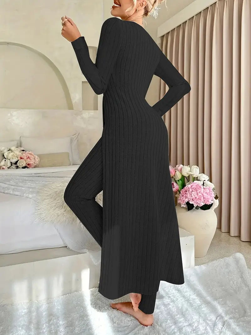 Heavyweight Fleece Lounge Set Women Oversized Long Sleeve Wide-Leg Pants Cozy Winter Two-Piece Ribbed Minimalist S-XL