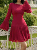 Bardot Neck Ruffle Sleeve Pleated Dress Women Elegant Vintage Party Cocktail Fall Winter Fitted Bodycon Burgundy Black S-L
