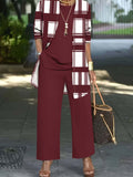 Women's 3pcs Plaid Cardigan Top & Wide-Leg Pants Set Vintage Elegant Commuting Outfit XXL