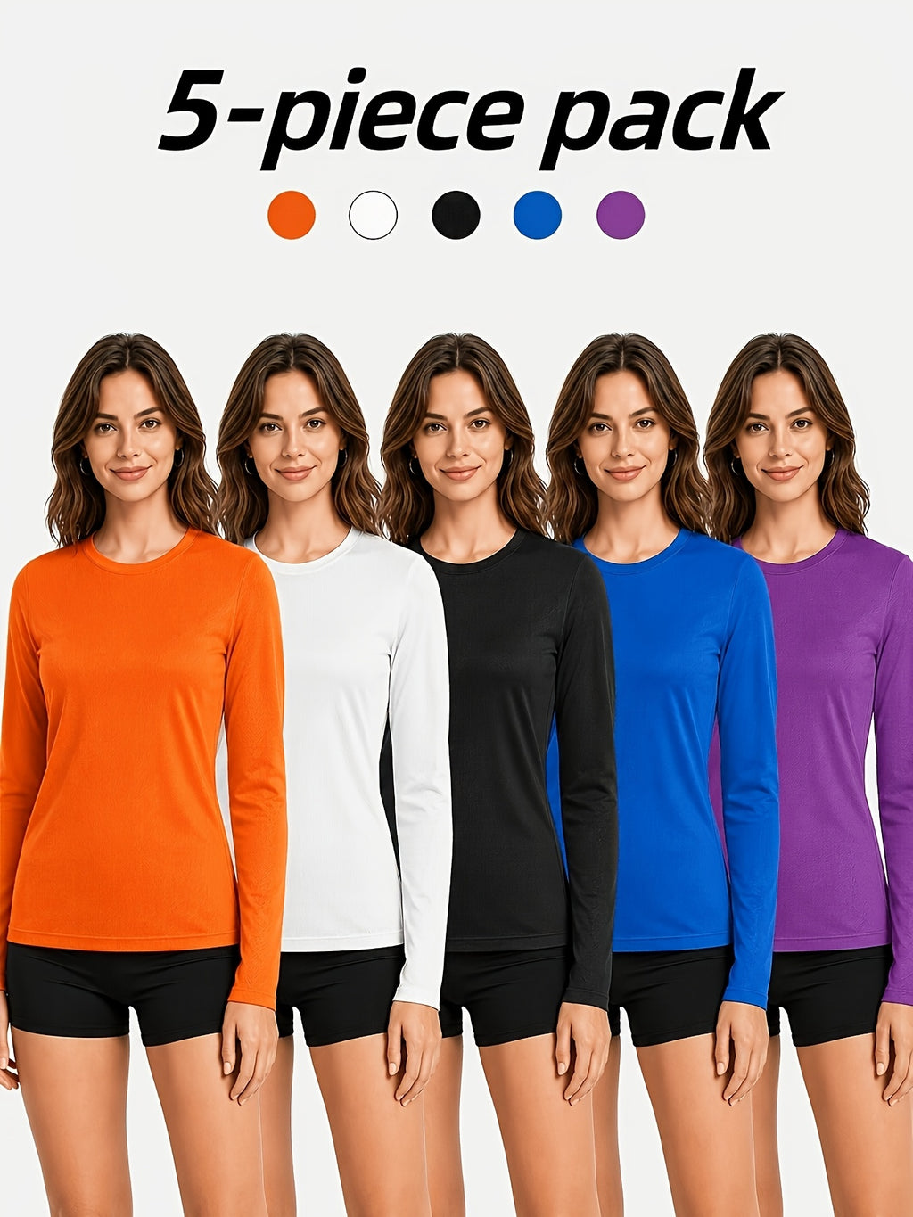 5-Pack Long Sleeve Women T-Shirts V-Neck Moisture-Wicking Breathable High Stretch Outdoor Solid Color Top Four Seasons Assorted Colors