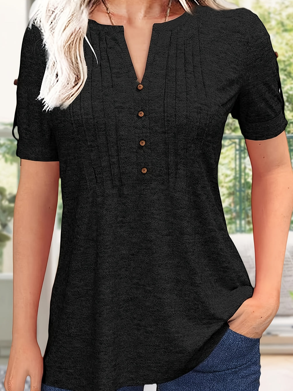 Button Front V-Neck Top Women Pleated Detail Short Sleeve Solid Color Casual Summer Blouse Lightweight Breathable Machine Washable