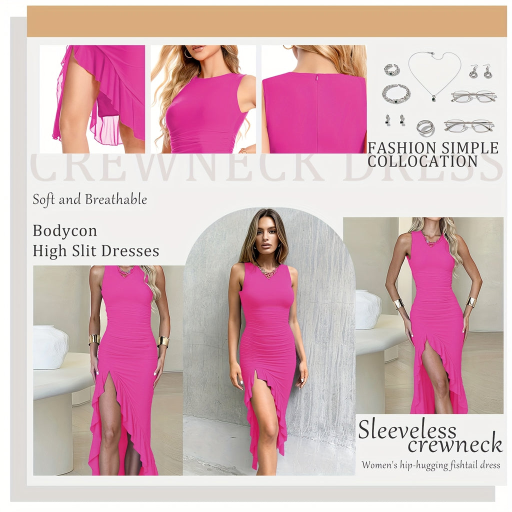 Women's Sleeveless A-Line Fishtail Dress Round Neck Side Pleated Lace Opening Casual Spring Summer Dress