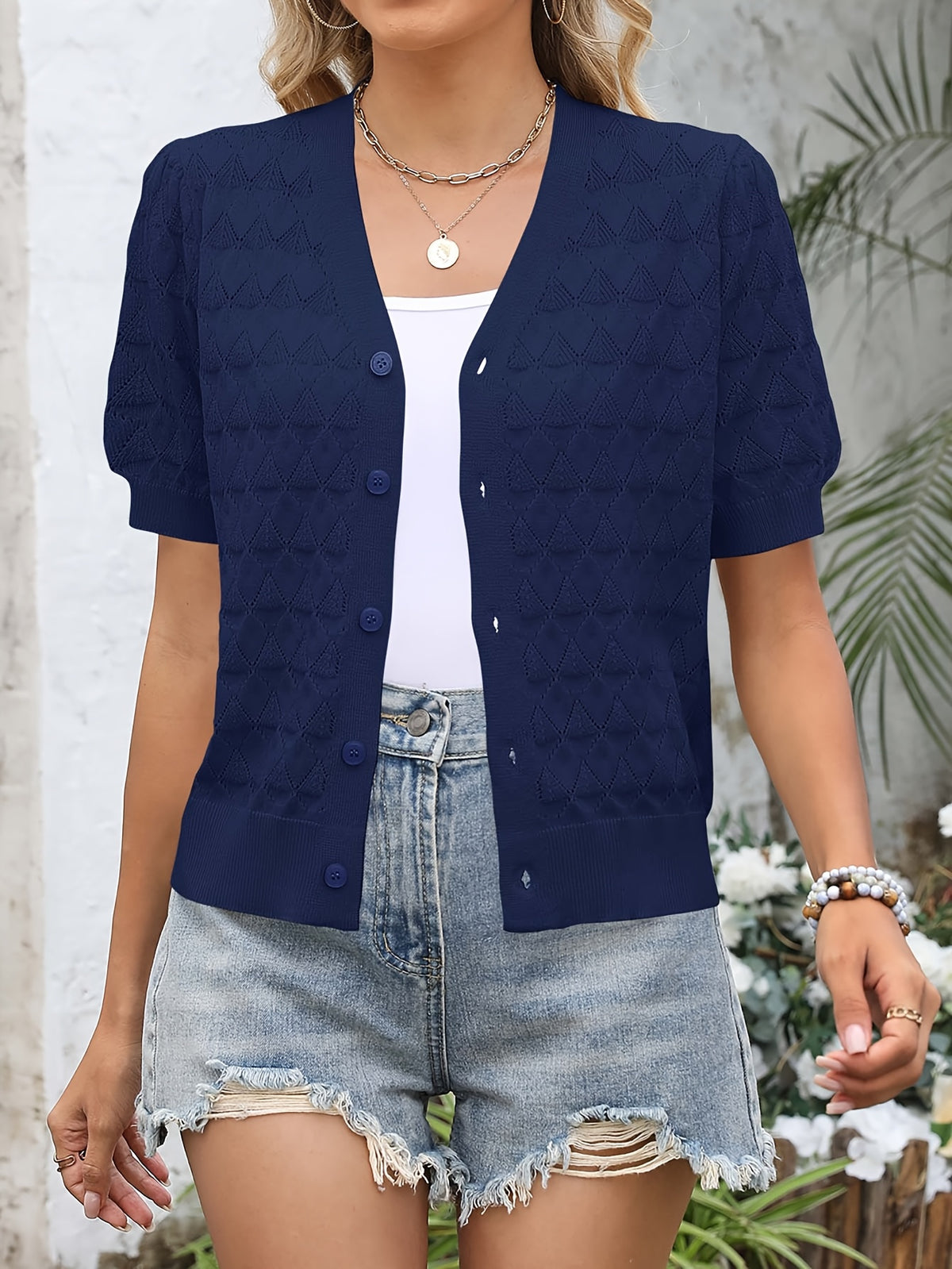 Women's Cropped Crochet Cardigan Puff Sleeve Linen Blend Sheer Lace Knit Short Top Breathable Lightweight Spring Summer Boho Fashion