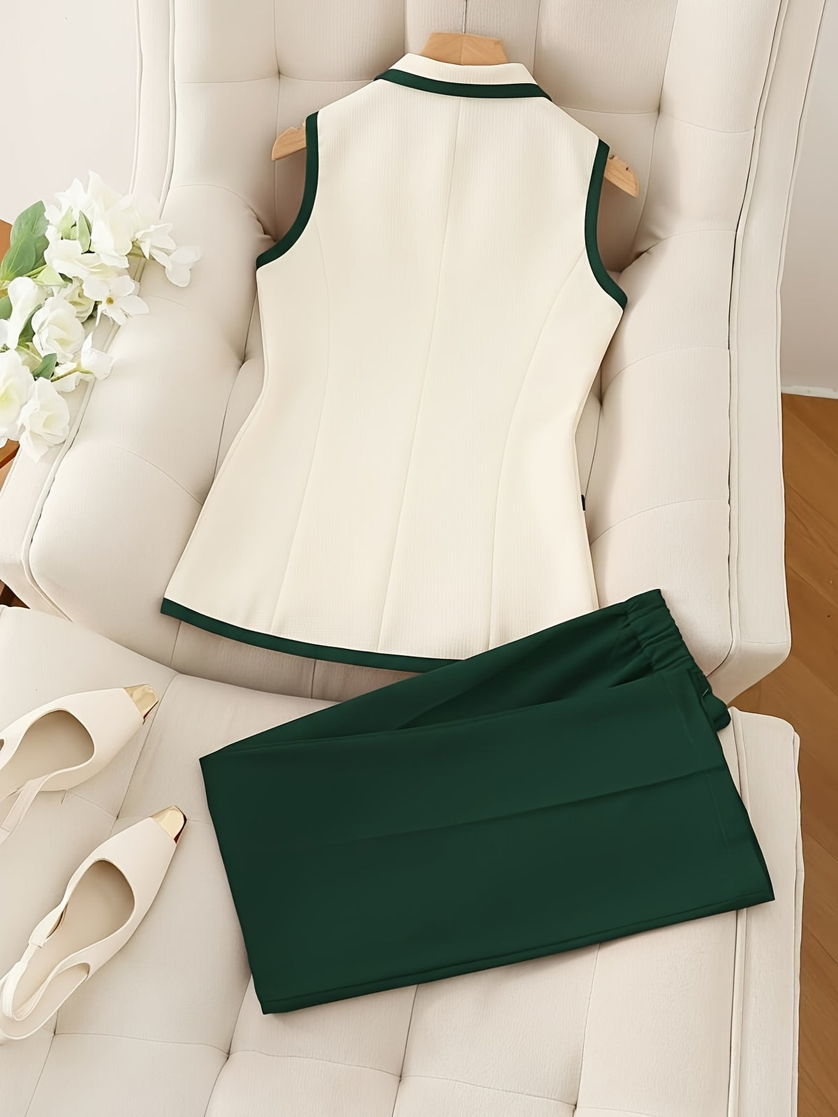 Blazer and Pencil Skirt Set Women 2pcs Contrast Collar White Blue Office Business Formal Outfit Fall Winter S-XL
