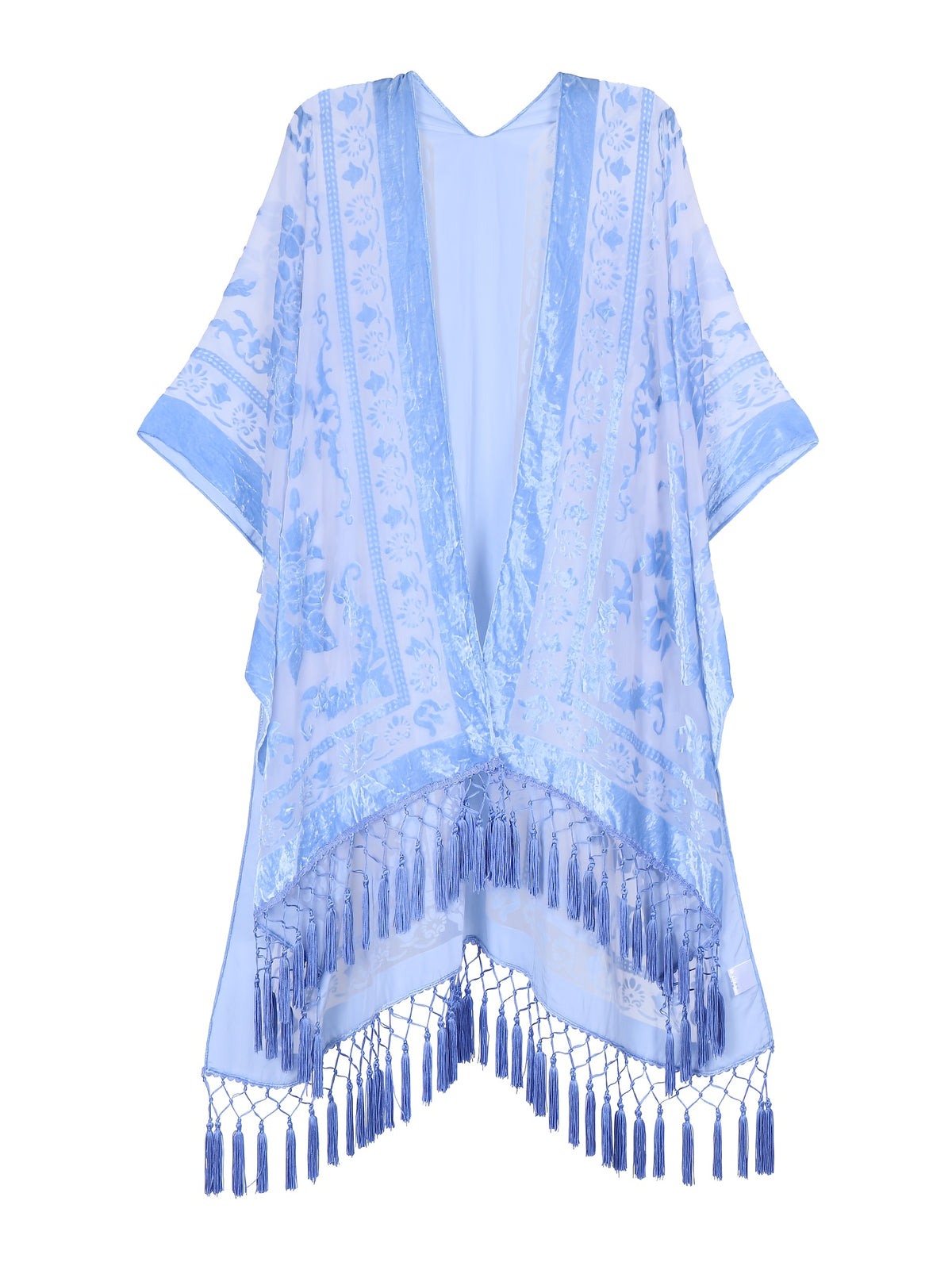 Boho Burnout Velvet Kimono Women Long Cardigan Cover Up Tassel Floral Embroidered One Size