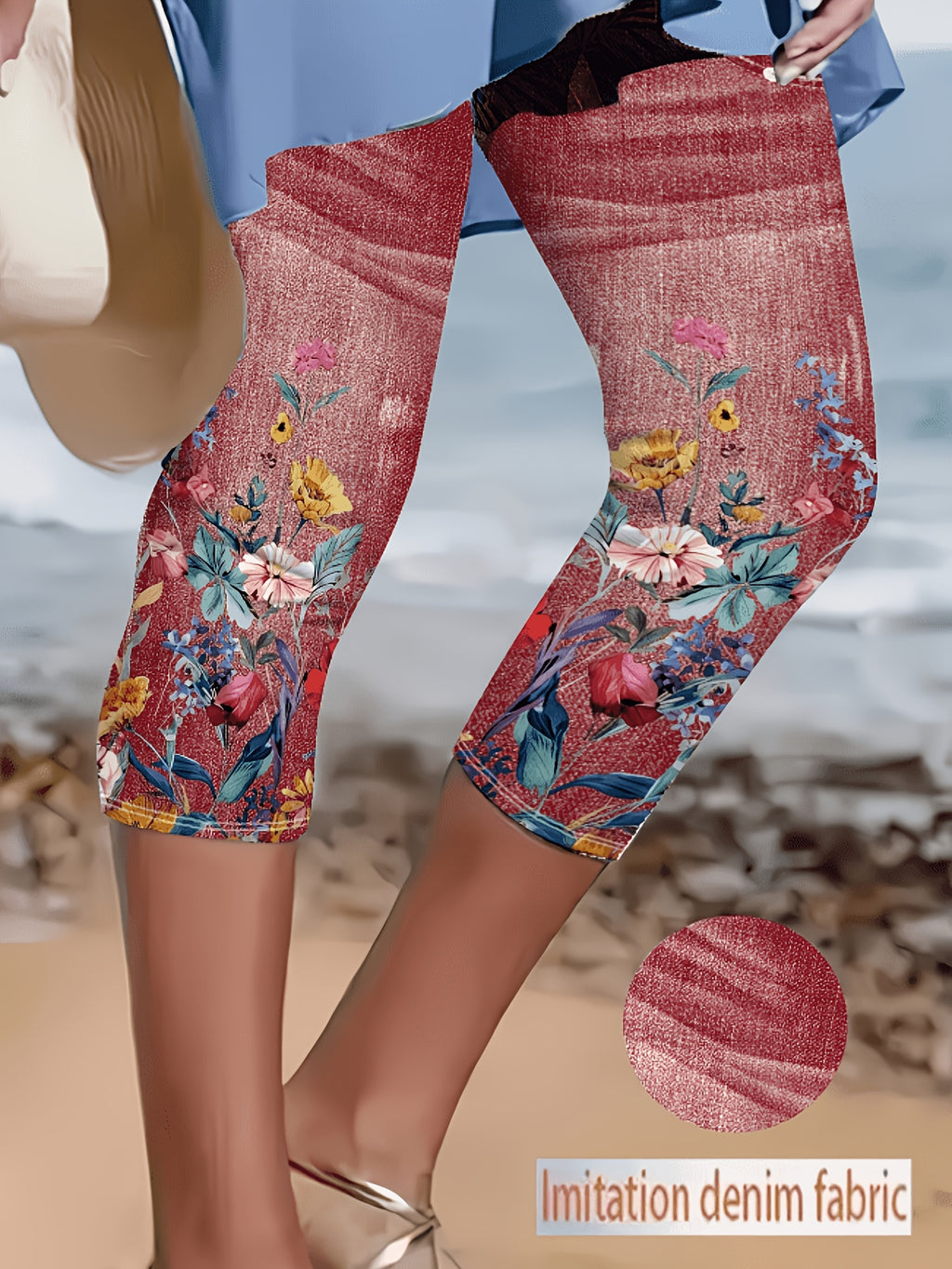 Faux Denim Print Capri Leggings for Women – Imitation Denim Floral Pattern 3/4 Length, Mid-Stretch Knit, Elegant Party Vacation Commute, 5 Colors S-XXL