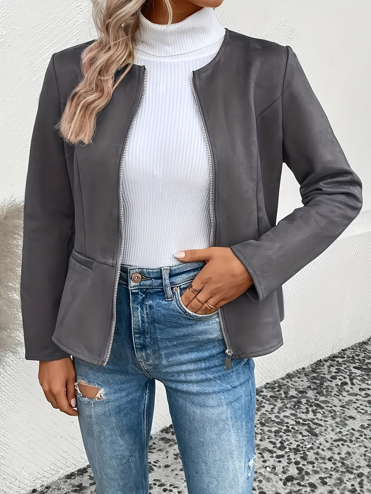 Slim Fit Zip Up Jacket for Women Round Neck Long Sleeve Casual Coat Solid Color All Season Versatile