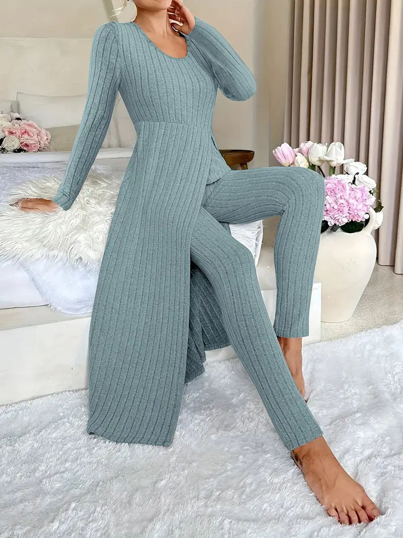 Heavyweight Fleece Lounge Set Women Oversized Long Sleeve Wide-Leg Pants Cozy Winter Two-Piece Ribbed Minimalist S-XL