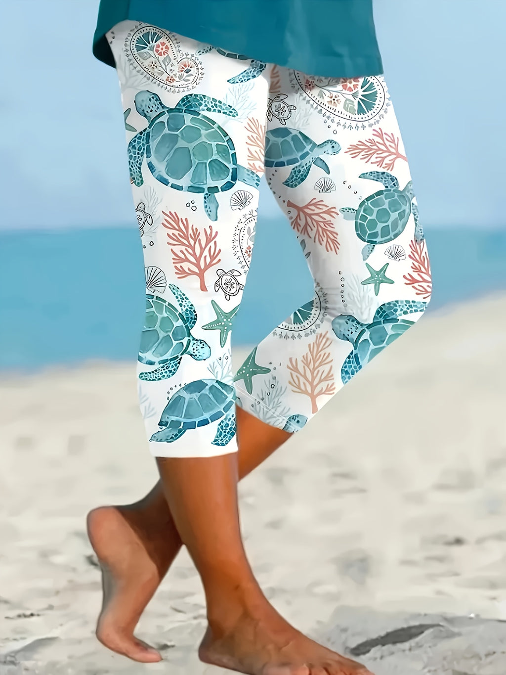 Women's Geometric Print 3/4 Cropped Leggings – Multicolor Random Pattern 100% Polyester Smooth Knit Capri Tight Pants Spring Summer Fall Fashion, S-XXL
