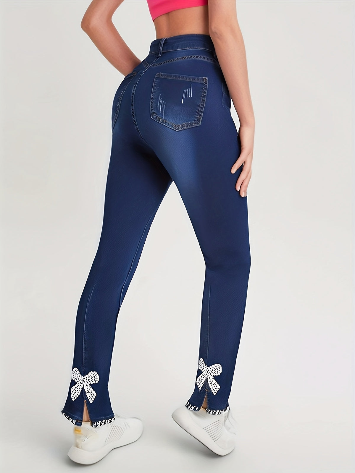 Butterfly Applique Bead Embellished Skinny Pencil Pants Women Split Hem Elegant Dressy Trousers Light Blue Blue S-XXL