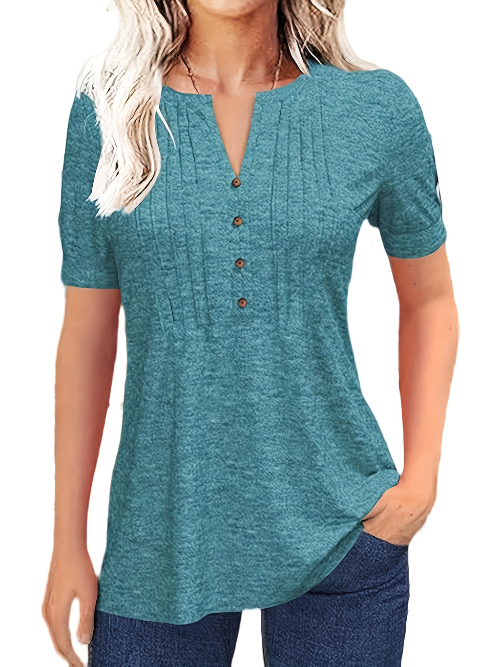 Pleated V-Neck T-Shirt Women Solid Color Short Sleeve Button-Up Casual Summer Top 60% Polyester Viscose Micro-Elastic Smooth Knit Tunic Versatile Daily Wear S-XXL