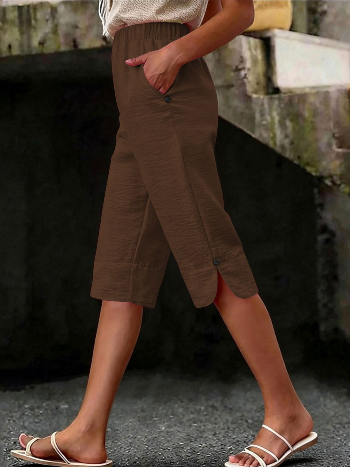 Women's Wide-Leg Capri Pants Elastic Waist Decorative Button Side Pockets Relaxed Fit Casual Summer Beach Trousers for Women