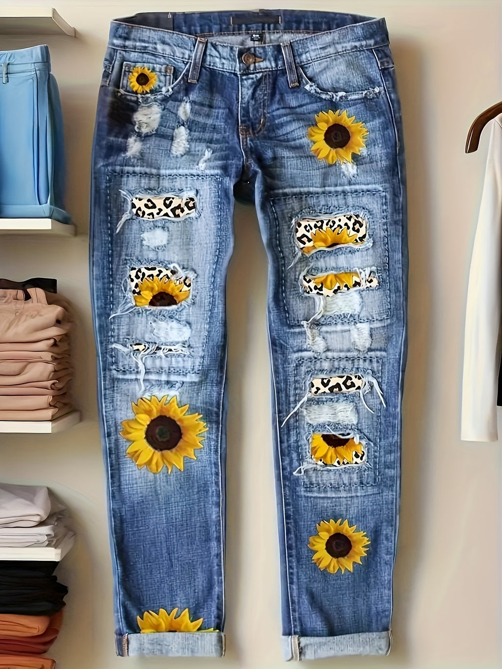 Floral Print Denim Jeans Women Slim Fit Stretchy Vibrant Flower Design Elegant Casual Spring Fall Jeans S-XXL