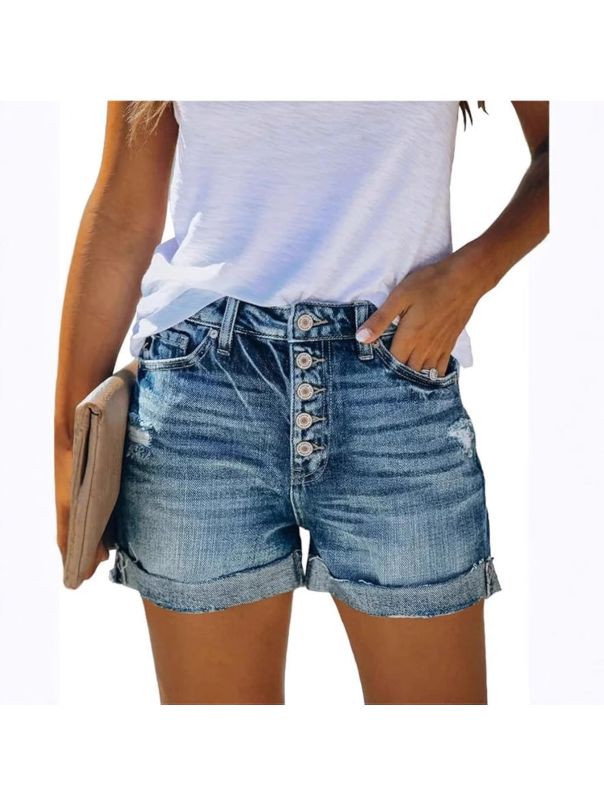 High Waist Stretch Ripped Denim Shorts Women Distressed Raw Hem Y2K Style Slim Fit Light Blue Summer S-XXL